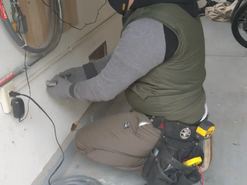 Electrician performing outlet wiring in a Leisure City garage